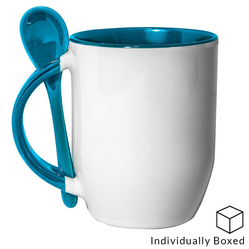 light blue two tone sublimation mugs, two tone sublimation mugs, mug with spoon, dye sublimations supplies, sublimation blanks, sublimation mugs