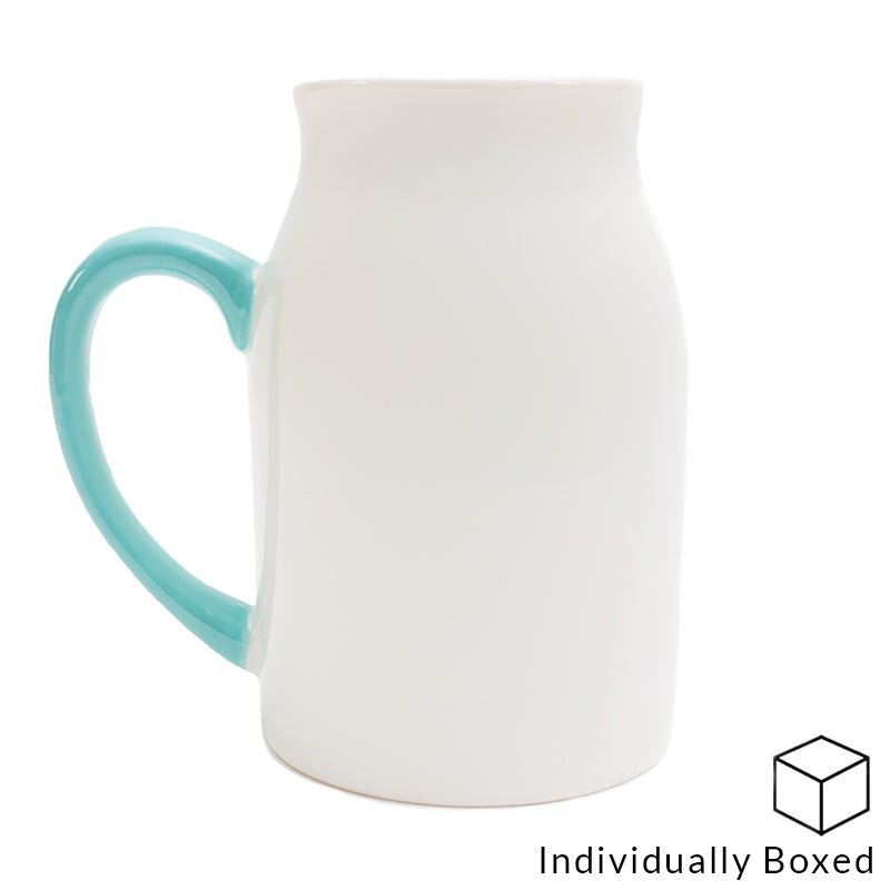 dye sublimation supplies, 450ml sublimation milk jug, 450ml milk jug with mint green handle, sublimation ceramic blanks, sublimation milk jugs