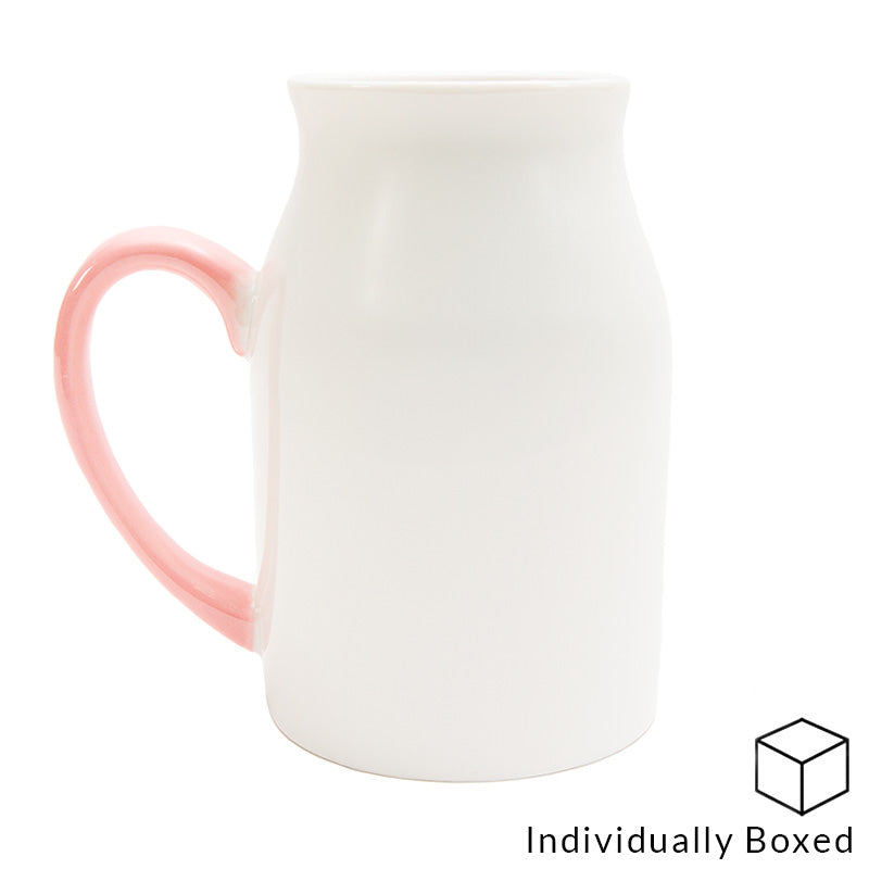 dye sublimation supplies, sublimation drinkware, sublimation ceramic blanks, 450ml sublimation milk jug, sublimation milk jug with pink handle, 450ml milk jug with pink handle